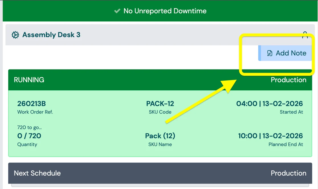 A station note in the Operator Interface station header